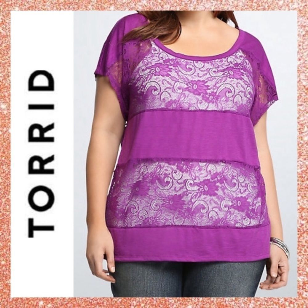 Torrid Purple Short Sleeve Lace Panel Top 3 3x 3xl